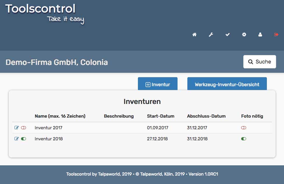 Screenshot Inventur-Übersichtsseite