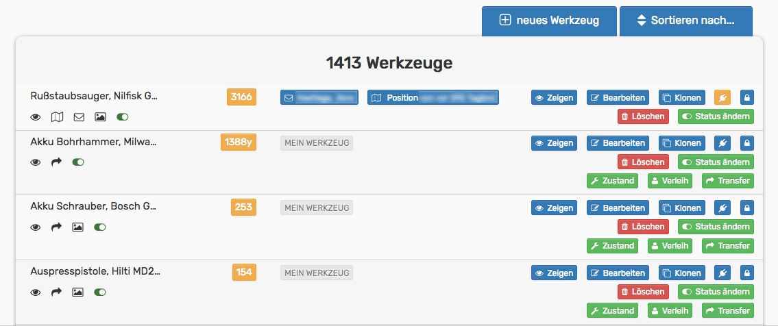 Werkzeugliste mit Admin-Buttons