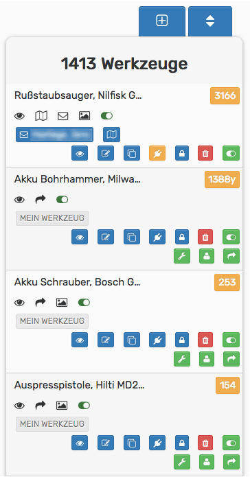 Werkzeugliste mit Admin-Buttons